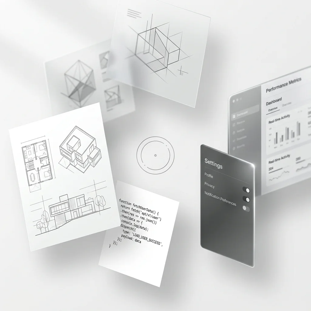 Research papers, diagrams and interface panels layered around the Arble mark