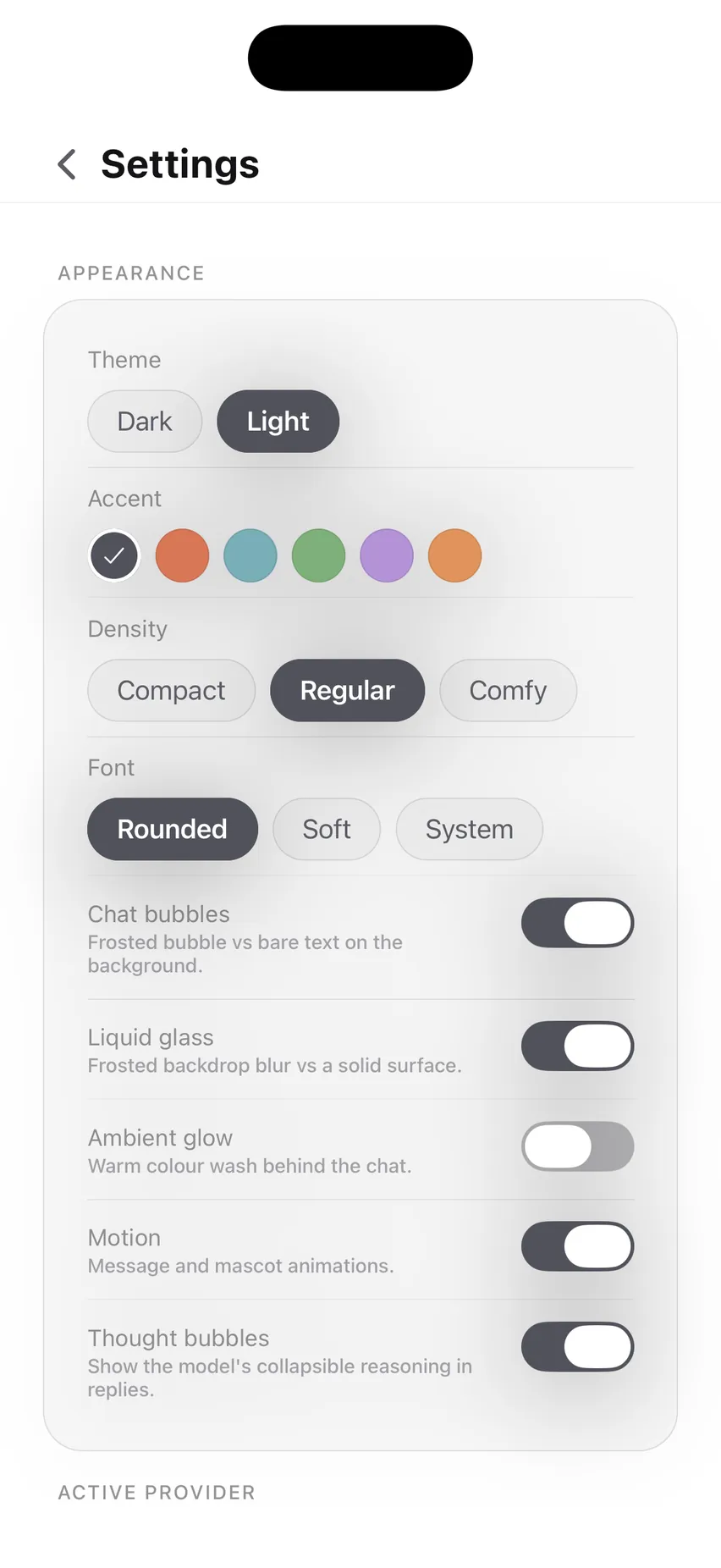 The Appearance settings: dark and light theme, six accent colours, compact, regular and comfy density, three font choices, and toggles for chat bubbles, liquid glass, ambient glow, motion and thought bubbles.
