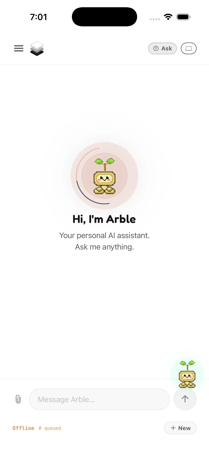 The Arble app on iPhone: the chat screen with the Arble mascot, the greeting “Hi, I’m Arble — your personal AI assistant. Ask me anything.” and a message box at the bottom.