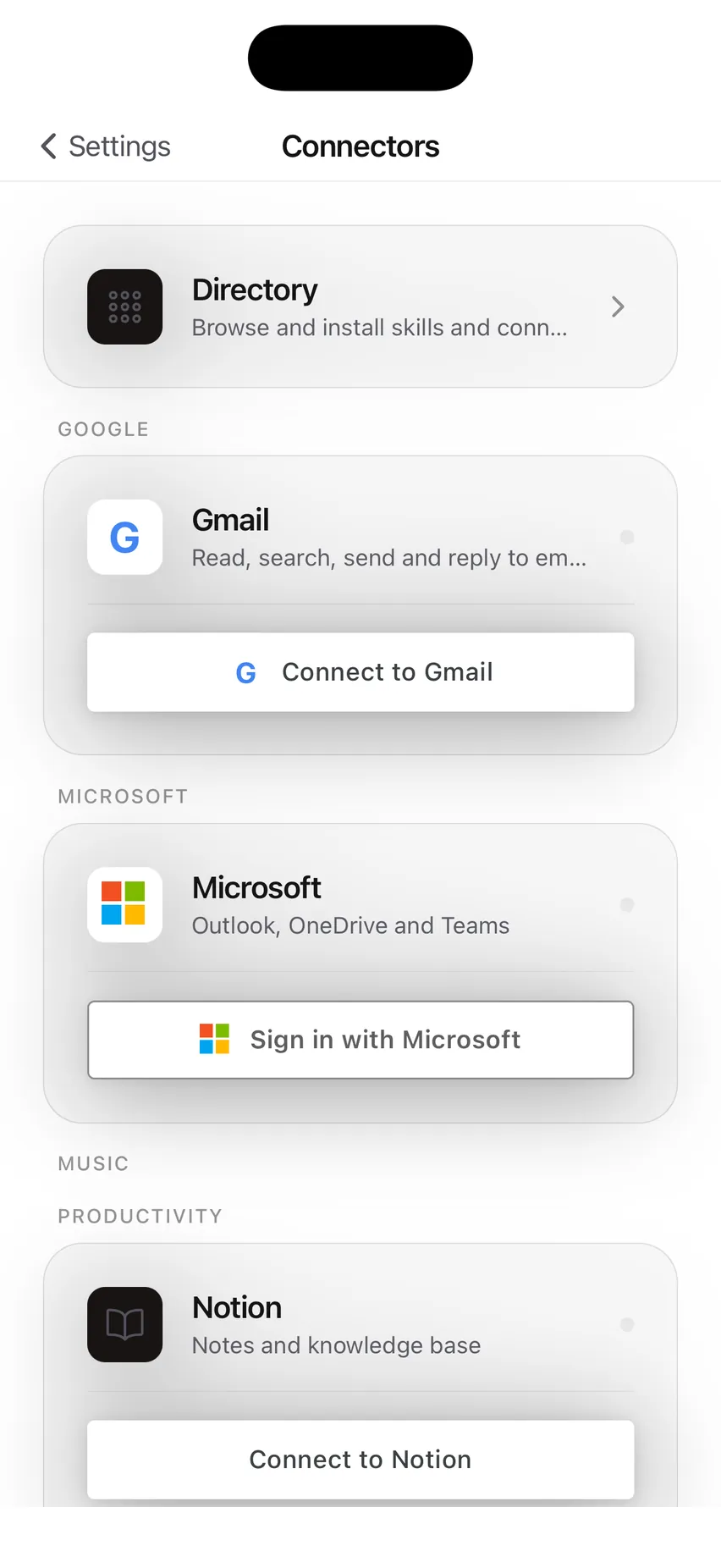 The Connectors screen: a Directory row for browsing skills and connectors, then Gmail with a Connect to Gmail button, Microsoft for Outlook, OneDrive and Teams, and Notion.