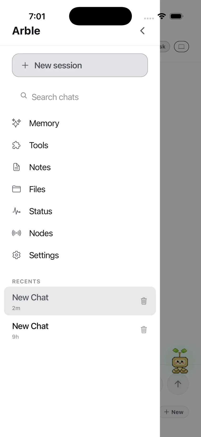 The session drawer: a New session button, a chat search box, links to Memory, Tools, Notes, Files, Status, Nodes and Settings, and a Recents list of past chats.