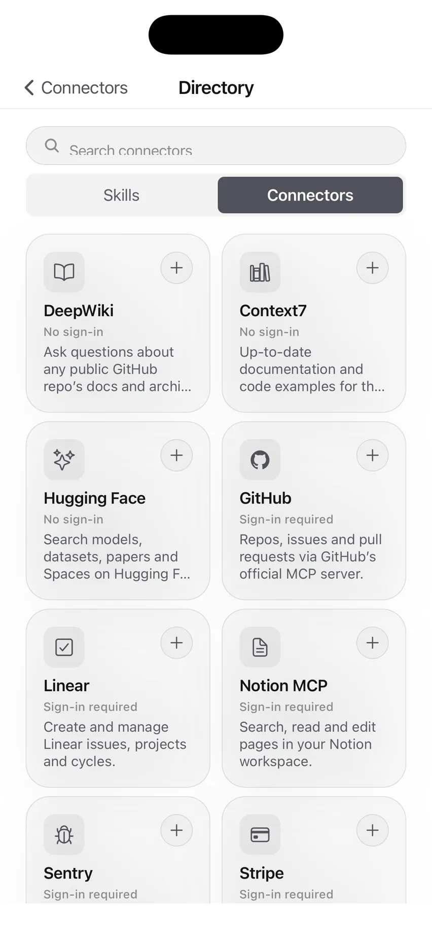The Directory on its Connectors tab: DeepWiki, Context7, Hugging Face, GitHub, Linear, Notion MCP, Sentry and Stripe, each marked either no sign-in or sign-in required.