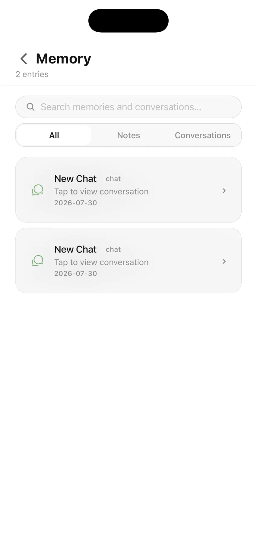 The Memory screen: a search box over memories and conversations, tabs for All, Notes and Conversations, and saved conversation entries with dates.