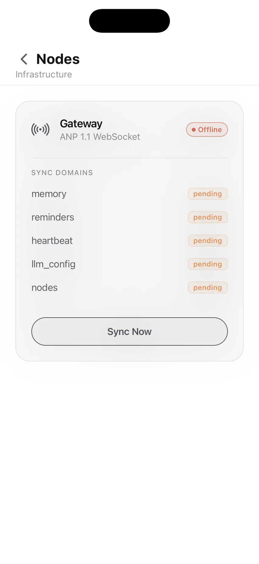 The Nodes screen: a Gateway card on ANP 1.1 WebSocket, sync domains for memory, reminders, heartbeat, llm_config and nodes, and a Sync Now button.