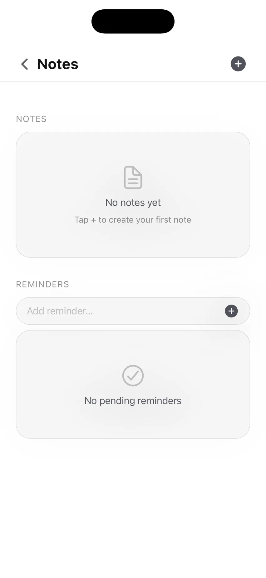The Notes screen: an empty notes panel inviting a first note, and a Reminders section with an add-reminder field and no pending reminders.