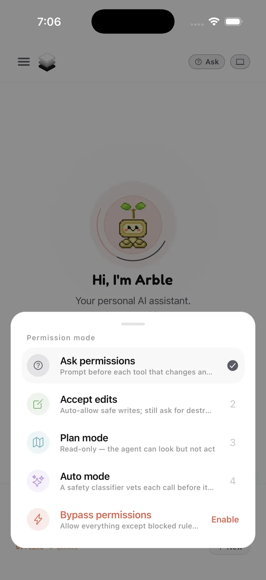 The permission mode sheet: Ask permissions selected, with Accept edits, Plan mode, Auto mode and Bypass permissions listed below, each explaining what it allows.