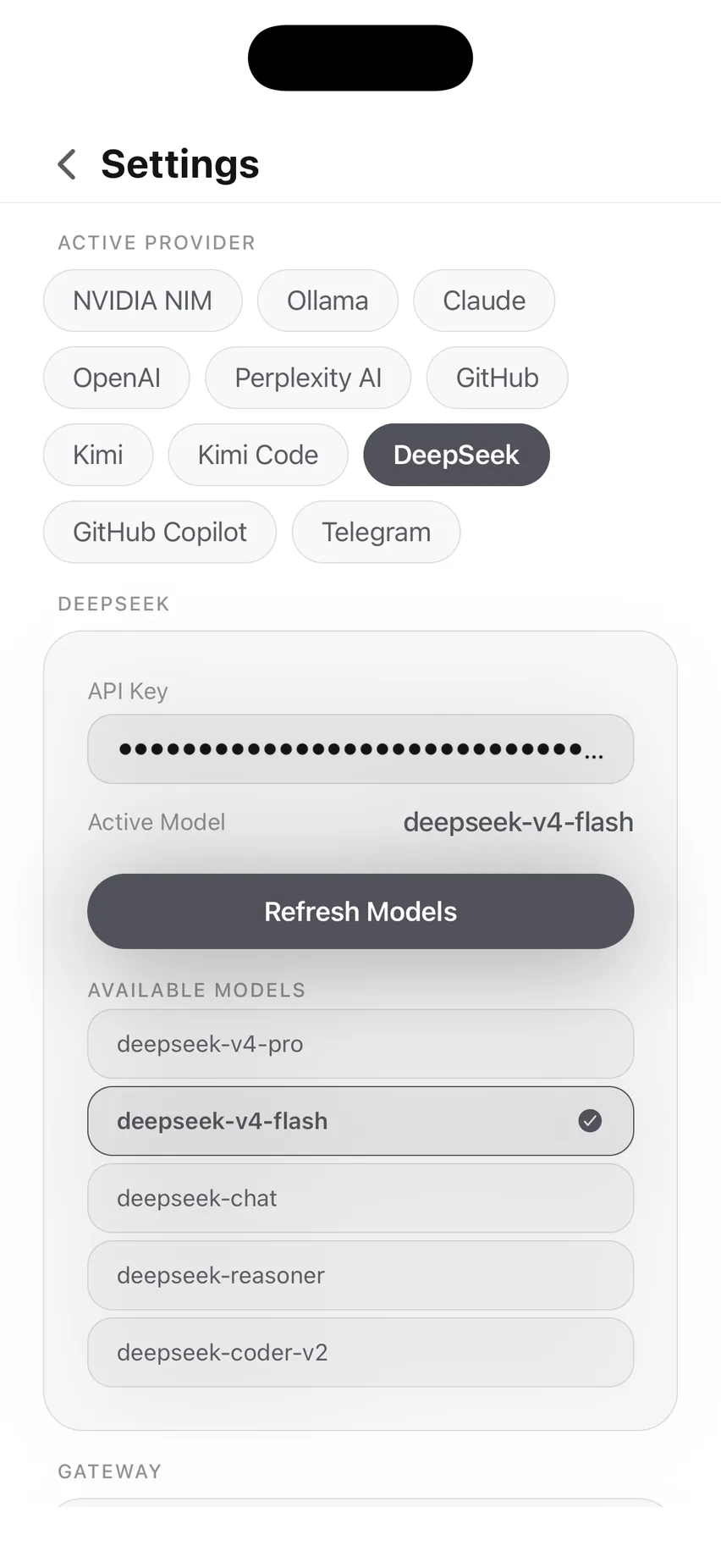 The provider picker in Settings: NVIDIA NIM, Ollama, Claude, OpenAI, Perplexity, GitHub, Kimi, DeepSeek, GitHub Copilot and Telegram, with DeepSeek selected and its available models listed.