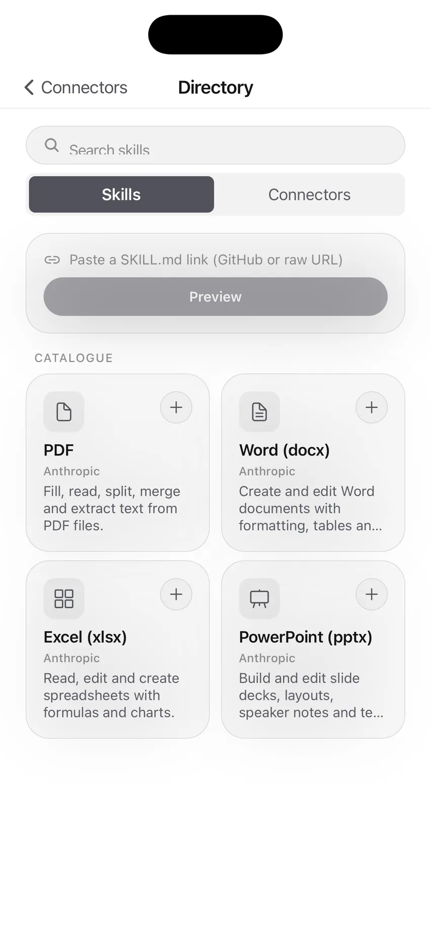 The Directory on its Skills tab: a field to paste a SKILL.md link, and a catalogue of PDF, Word, Excel and PowerPoint skills, each with an add button.