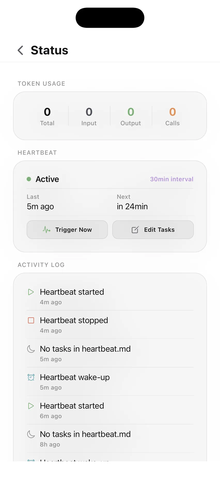 The Status screen: token usage totals, an active heartbeat on a 30-minute interval with Trigger Now and Edit Tasks, and an activity log of heartbeat runs.