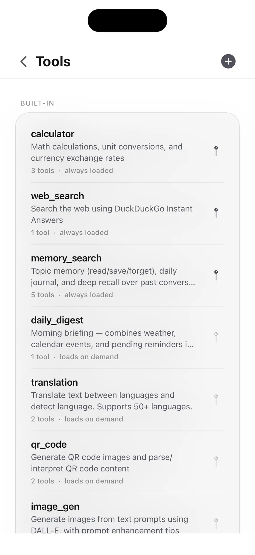 The Tools screen listing built-in tool sets — calculator, web_search, memory_search, daily_digest, translation, qr_code and image_gen — each with its tool count and whether it is always loaded or loads on demand.