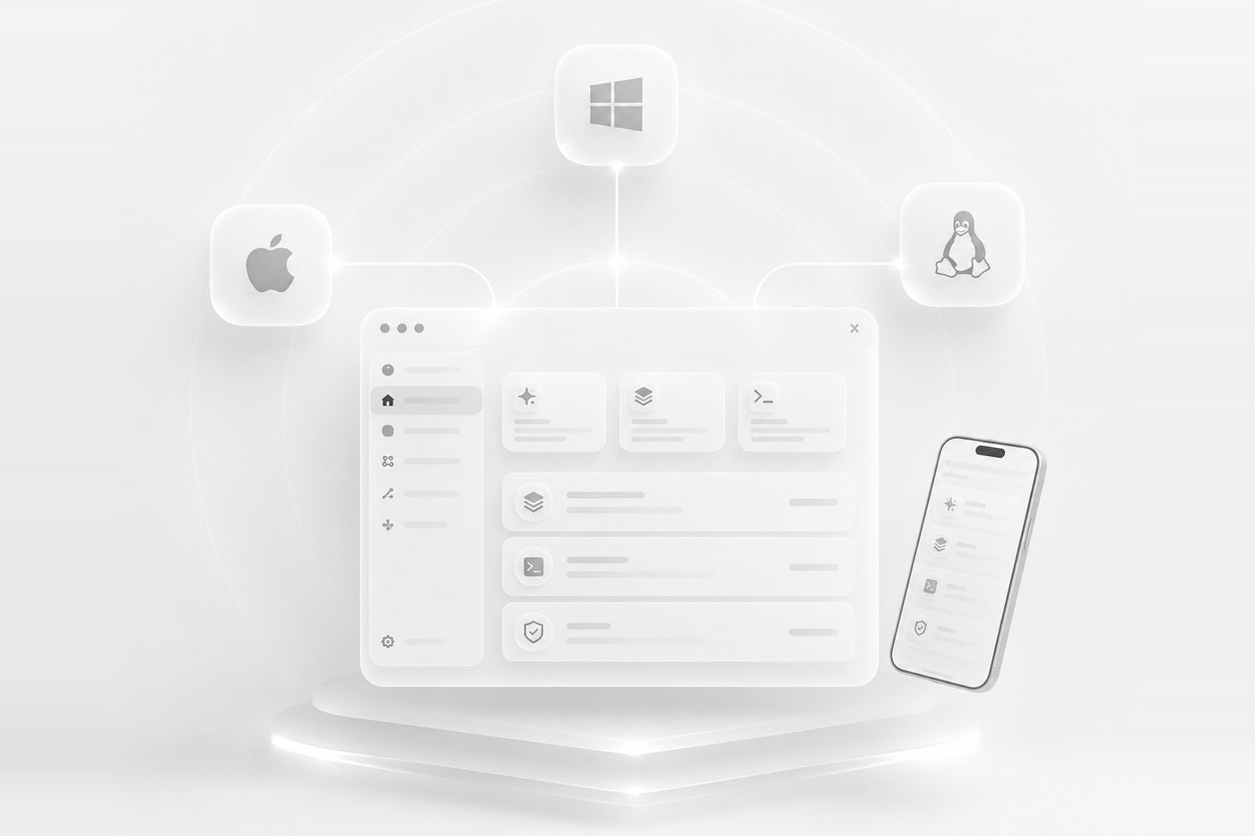 The Arble desktop window and the phone app side by side on a lit plinth, wired up to macOS, Windows and Linux tiles above them — the same sidebar, cards and list on both screens.