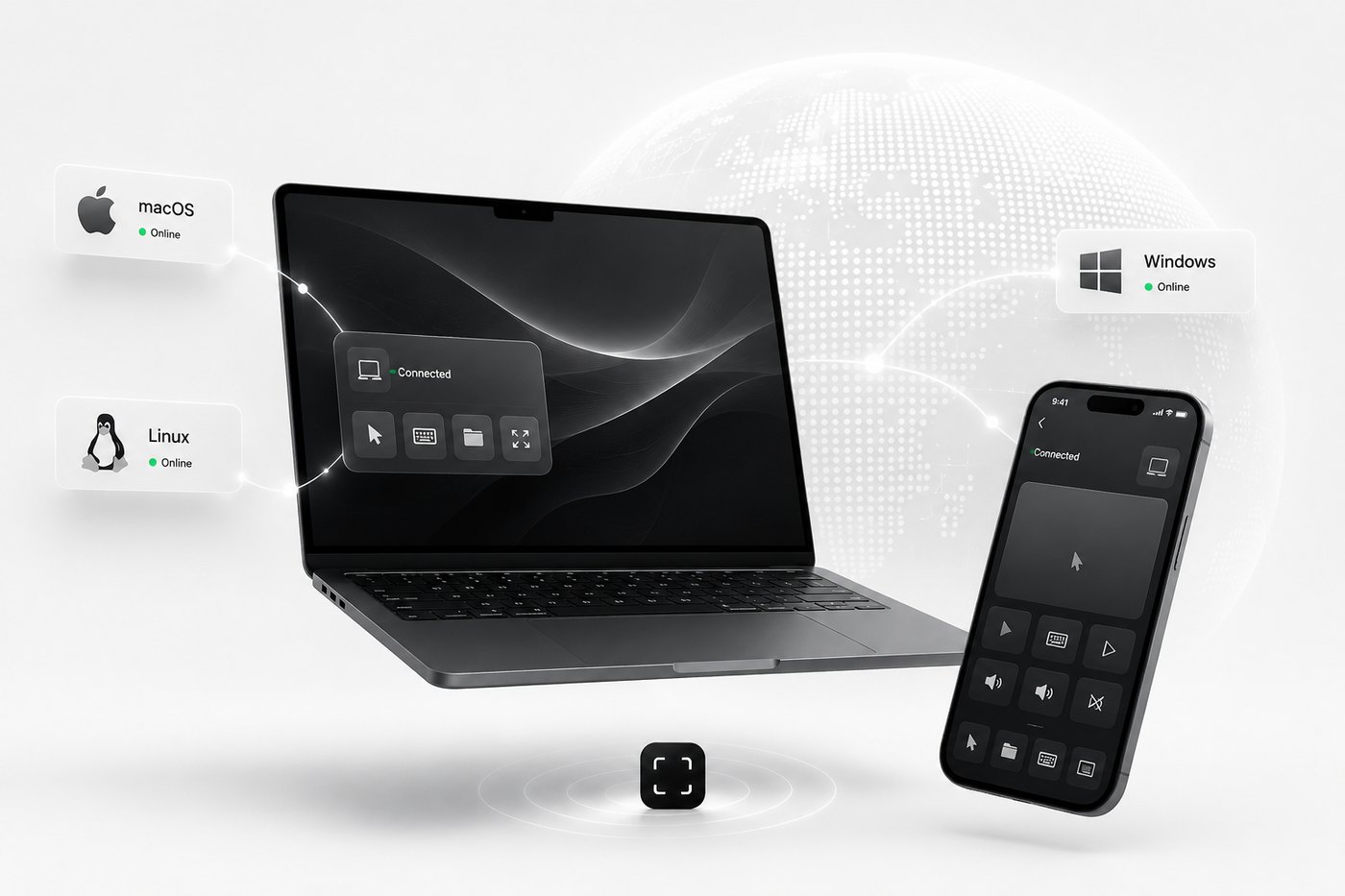 A laptop being driven from a phone: the phone shows a trackpad and media keys, the laptop shows a Connected panel, and macOS, Windows and Linux each sit in a status pill marked Online.
