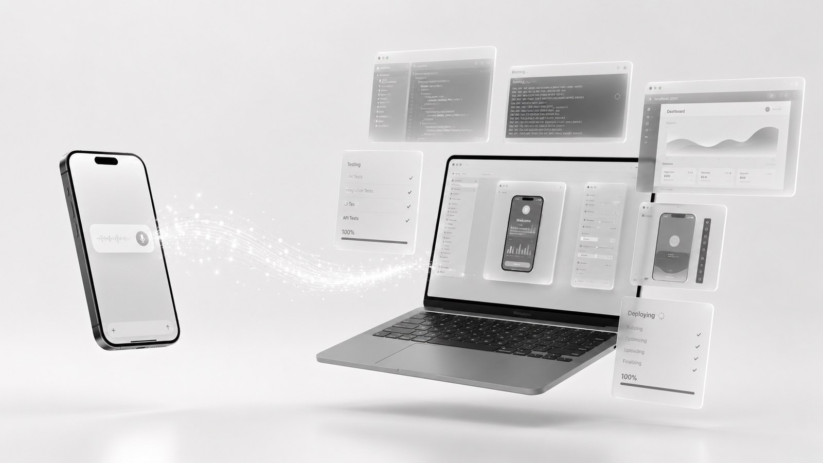 A phone and a laptop floating side by side in greyscale, joined by a trail of light, surrounded by panels showing a code editor, a build log, an analytics dashboard, a test checklist reading one hundred per cent, and a deployment panel.