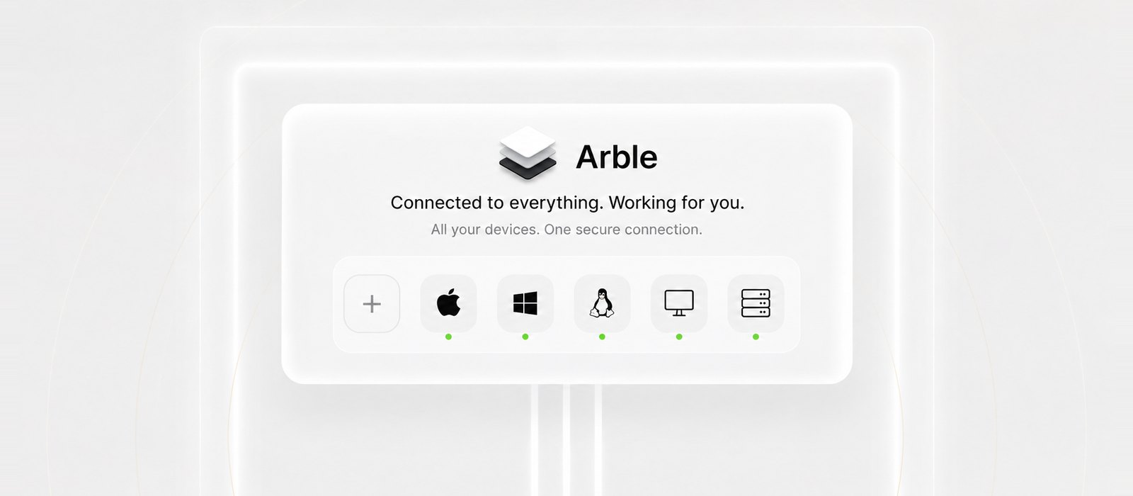 An Arble panel reading 'Connected to everything. Working for you — all your devices, one secure connection', above a row of device tiles for macOS, Windows, Linux, a desktop and a server, each showing a green online dot, plus an empty slot to add another.