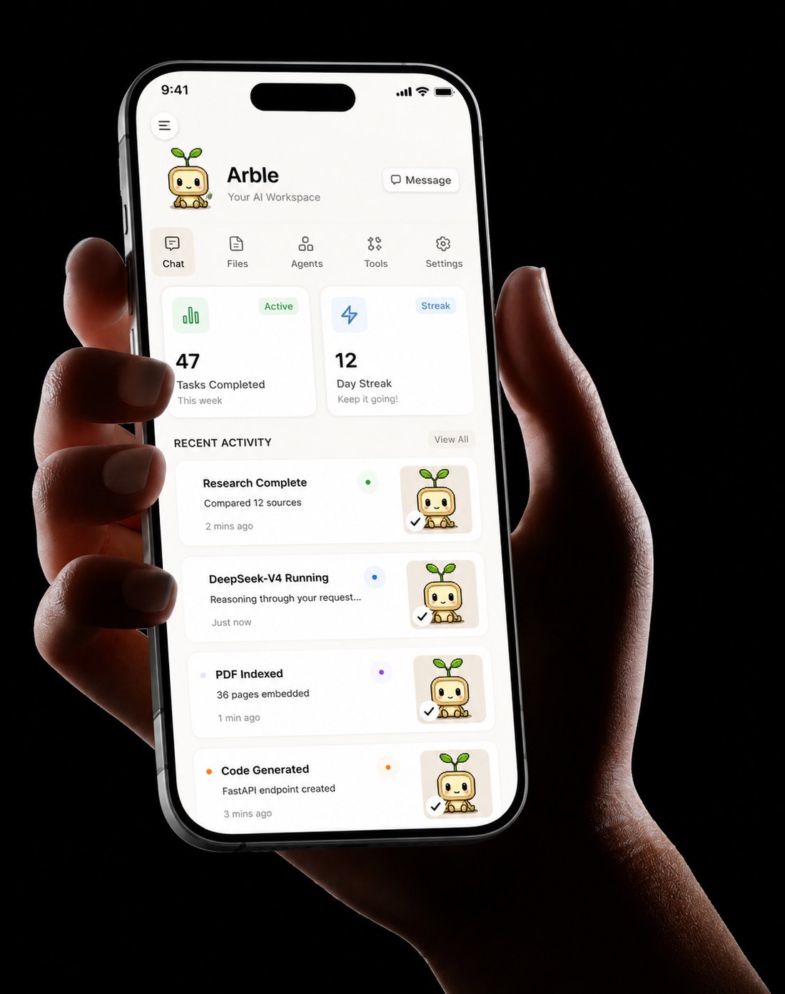 A hand holding a phone running Arble: a header with Chat, Files, Agents, Tools and Settings, tiles reading 47 tasks completed this week and a 12 day streak, and a recent activity list — research complete, DeepSeek-V4 running, PDF indexed, code generated.