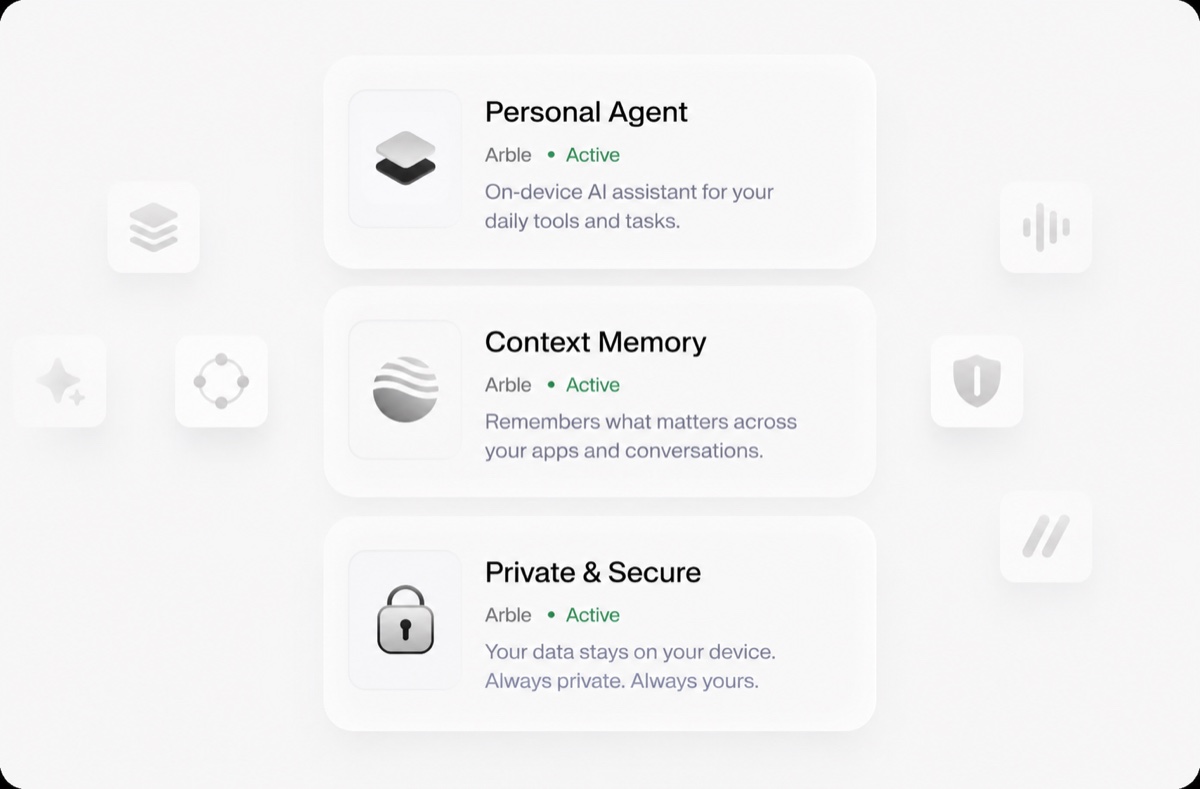 Three status cards — Personal Agent, Context Memory and Private & Secure — each marked Active, describing on-device assistance, cross-app memory and data that never leaves the device.