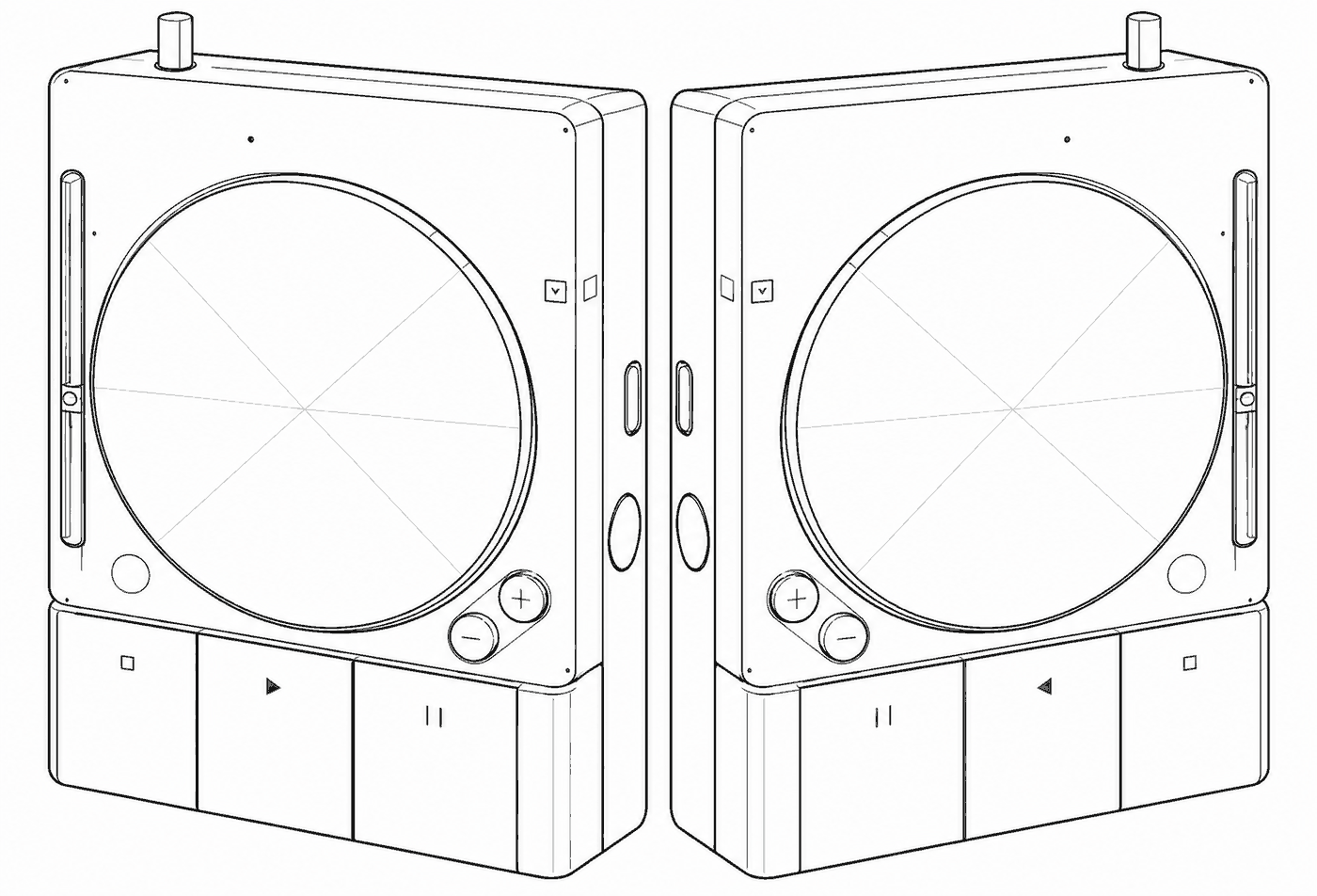 Line drawing of two identical portable machines standing face to face, each with a large circular dial, side sliders, plus and minus knobs and a row of transport buttons.