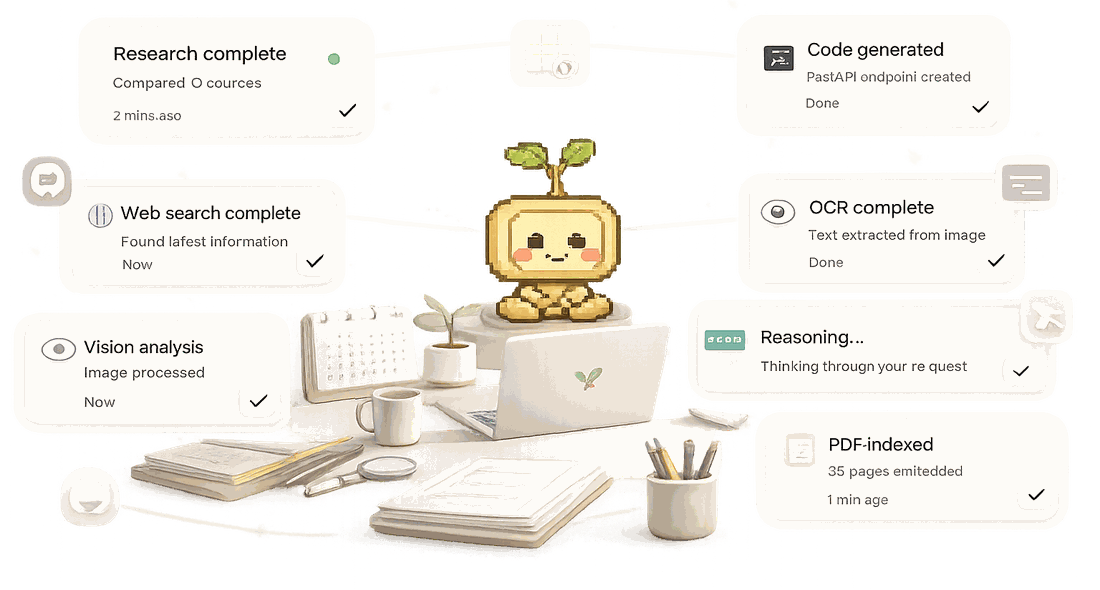 Seven completion cards floating around a desk — research complete, web search complete, vision analysis, code generated, OCR complete, reasoning, and a PDF indexed — each ticked off with how long ago it finished.